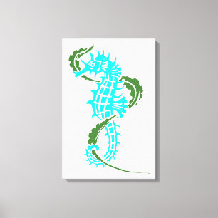Seahorse aqua blue, green and seaweed canvas print