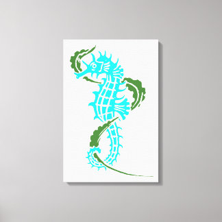 Seahorse aqua blue, green and seaweed canvas print