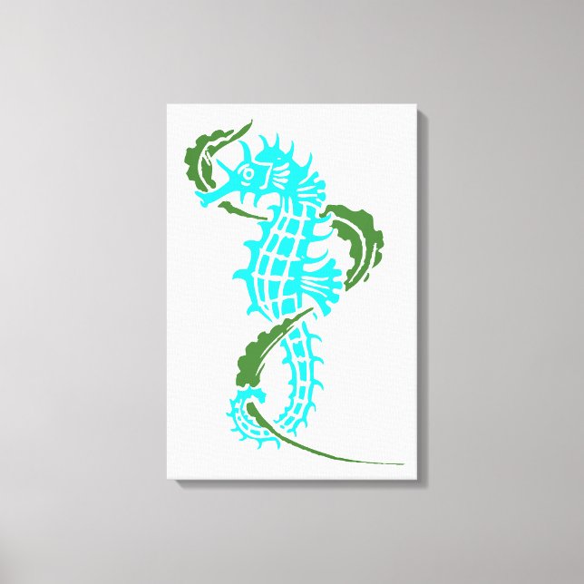 Seahorse aqua blue, green and seaweed canvas print (Front)