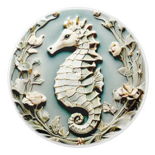 Seahorse Art Nouveau Faux Relief Left facing Mint Ceramic Knob