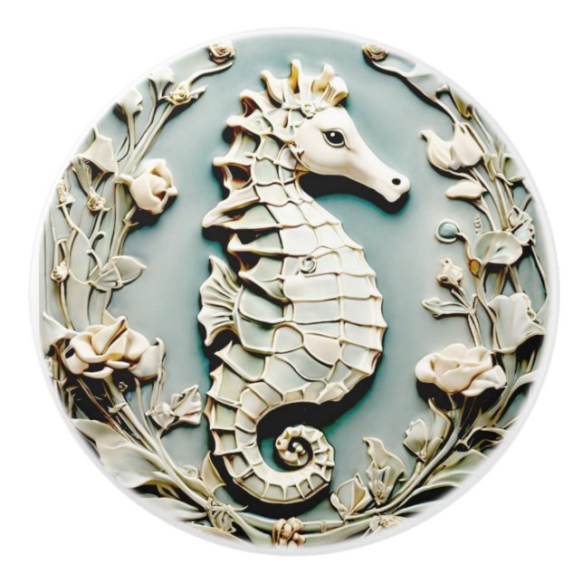 Seahorse Art Nouveau Faux Relief Right facing Mint Ceramic Knob (Front)