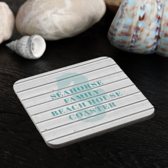 Seahorse Beach House Coasters - Set of 6 (Seahorse coasters for your beach house. Just add your family name)