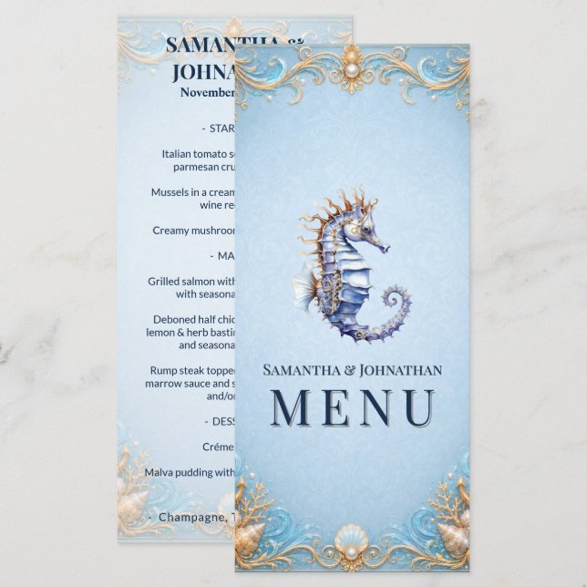 Seahorse beach theme wedding nautical shell menu (Front/Back)