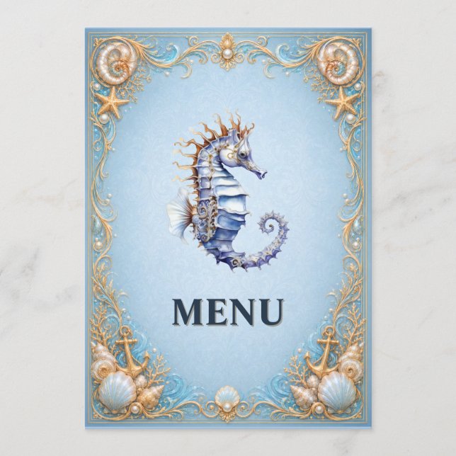 Seahorse beach wedding nautical conch shell menu (Front)