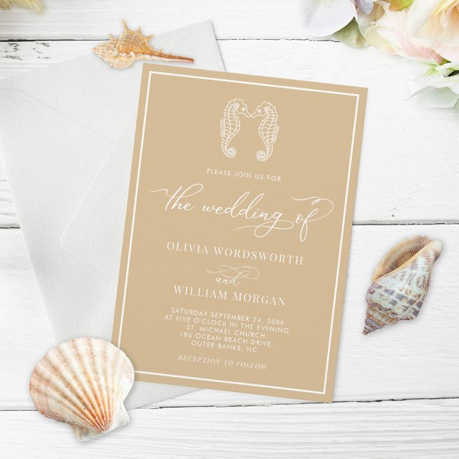 Seahorse Beige Sand Coastal Beach Script Wedding Invitation (Creator Uploaded)