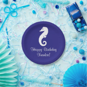 Seahorse Birthday Blue White 4Frankie Paper Plate