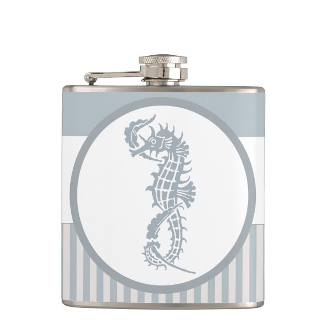Seahorse Blue Classic Nautical Elegant Hip Flask (Front)