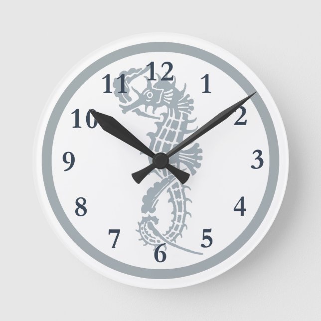 Seahorse Blue Classic Nautical Elegant Round Clock (Front)