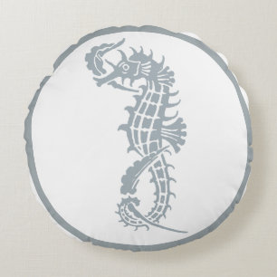 Seahorse Blue Classic Nautical Elegant Round Cushion