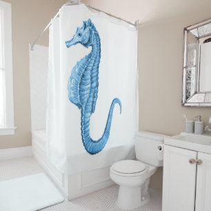 Seahorse blue coastal nautical watercolor shower curtain