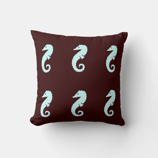 SEAHORSE  blue on brown  pillow (Front)