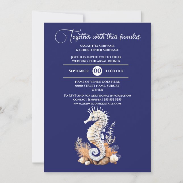 Seahorse blue orange beach theme nautical invitation (Front)