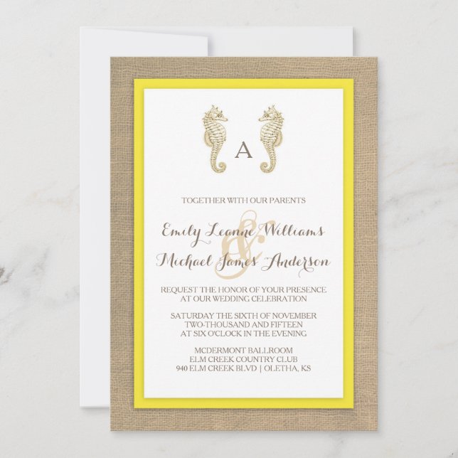 Seahorse Burlap Beach Tropical Wedding Invitation (Front)