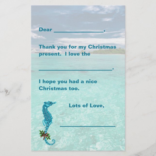 Seahorse Christmas Kids Writing Paper Thank You  (Front)