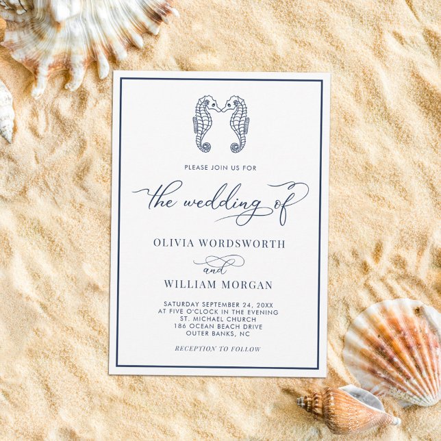 Seahorse Coastal Beach Elegant Script Navy Wedding Invitation (Creator Uploaded)