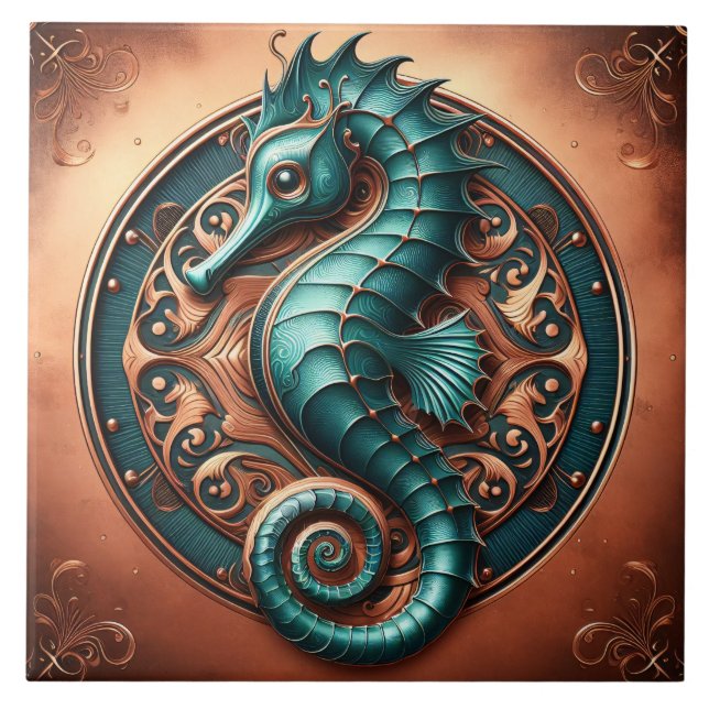 Seahorse Copper and Teal Tile (Front)