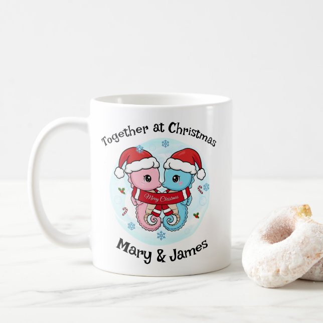 Seahorse Couple Christmas Personalized Mug (With Donut)