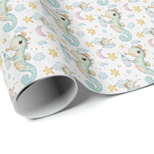 Seahorse Cute Baby Pastel Watercolor Pattern Wrapping Paper