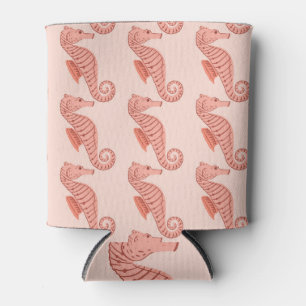 Seahorse doodle ornament: pink background. can cooler