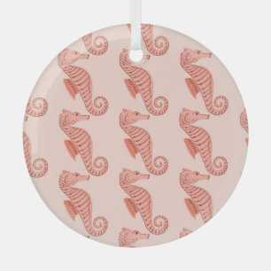 Seahorse doodle ornament: pink background. glass tree decoration