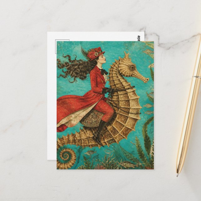 Seahorse Equestian Lady Postcard (Front/Back In Situ)