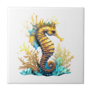 Seahorse fantasy blue gold under the sea tile