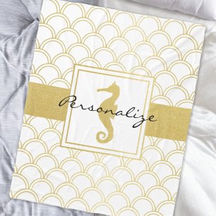 Seahorse Faux Gold Retro Nautical Pattern Modern Fleece Blanket