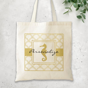 Seahorse Faux Gold Retro Nautical Pattern Modern Tote Bag