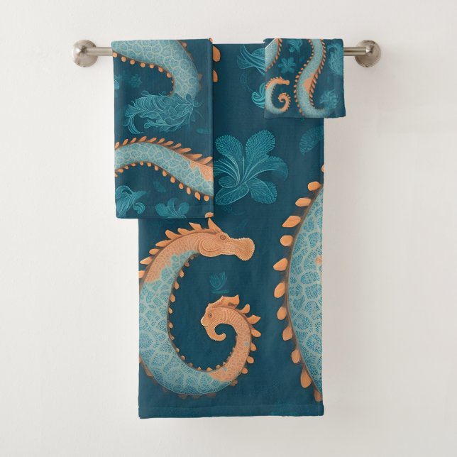 Seahorse Geometric Colourful Personalised Pattern Bath Towel Set (Insitu)