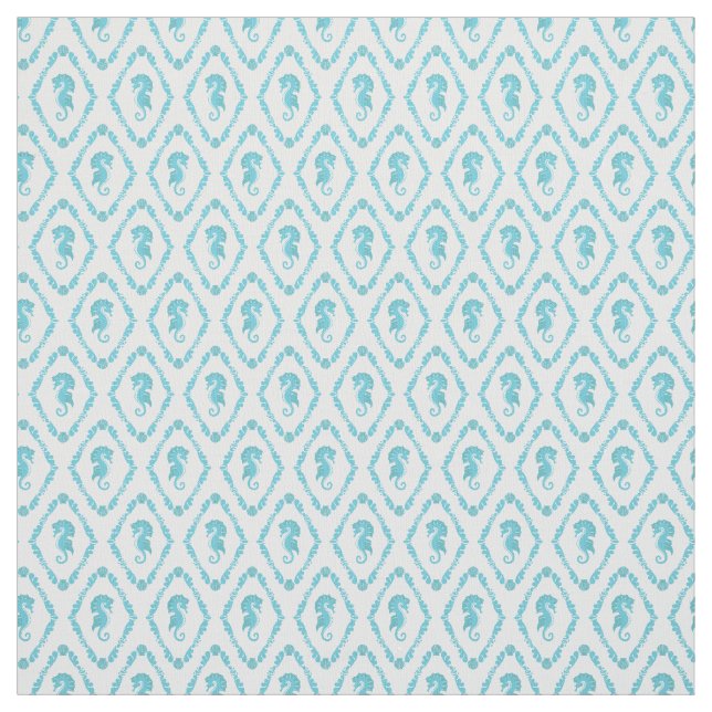 Seahorse Geometric Diamond Blue White Patterned Fabric (Swatch)
