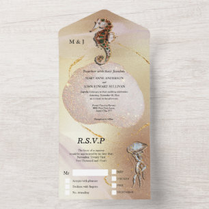 Seahorse glitter jelly fish pink gold beach all i in one invitation