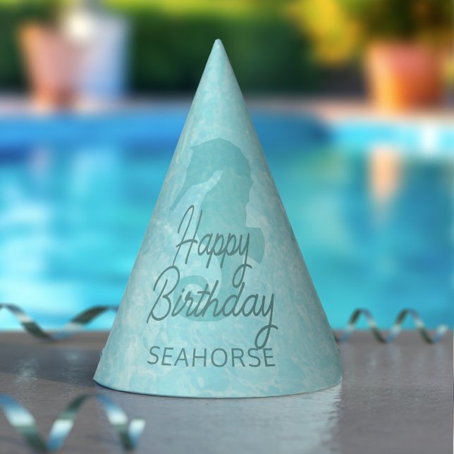 Seahorse Happy Birthday Pool Party Hat (Happy Birthday Seahorse! Perfect paper hat for your pool party. Just add your name)