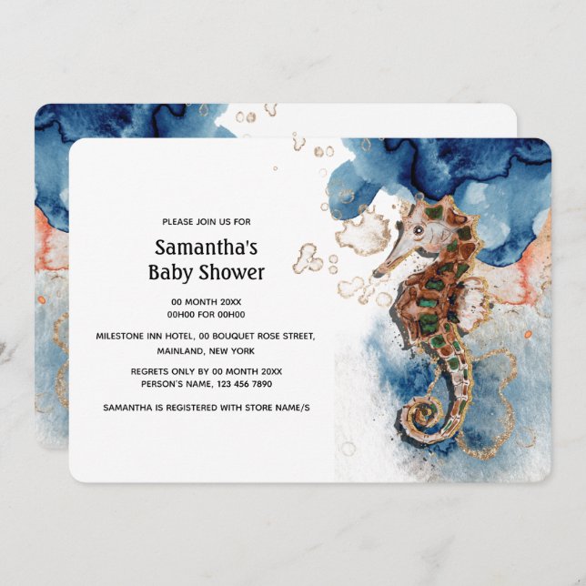 Seahorse illustration navy orange gold watercolor invitation (Front/Back)