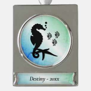 Seahorse Into the Green Name n Year Silver Plated Banner Ornament