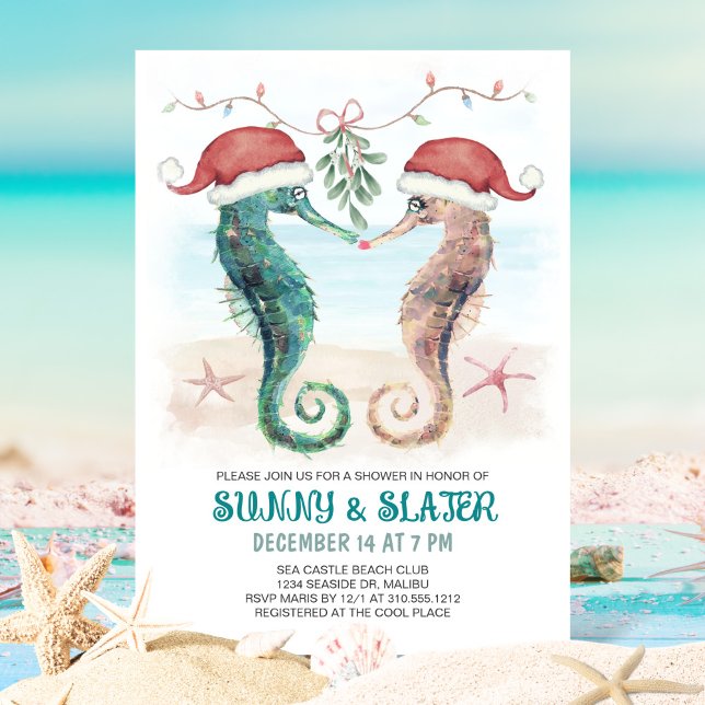 Seahorse Kiss Coastal Christmas Couples Shower  Invitation (Creator Uploaded)