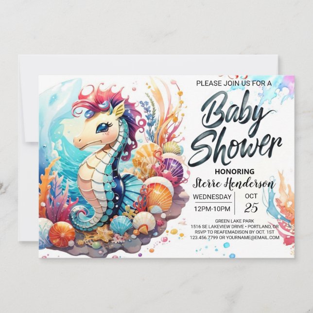 Seahorse Kisses Watercolor Baby Shower Invitation (Front)