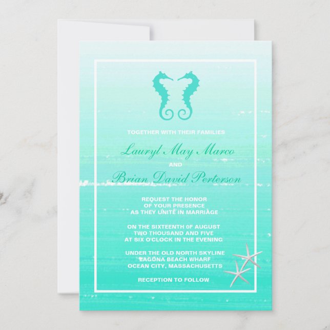 Seahorse Love Nautical Destination Wedding Invites (Front)