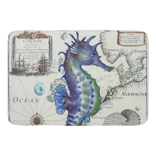 Seahorse Map Vintage Blue Bath Mat (Front)