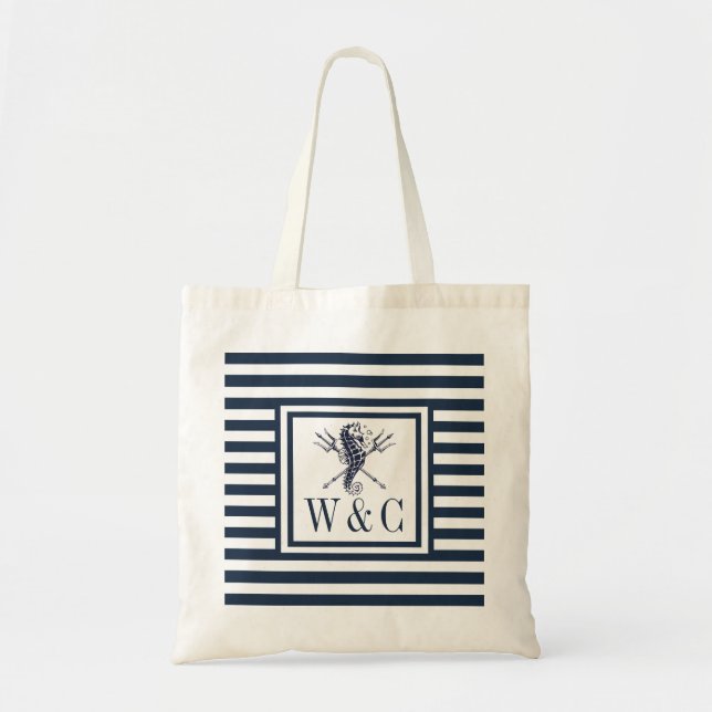 Seahorse Monogram Nautical Navy Blue Stripe Tote Bag (Front)