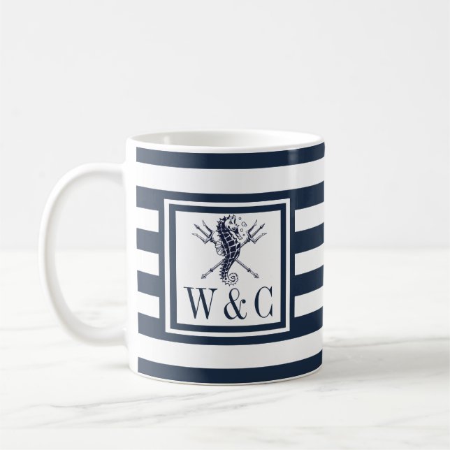 Seahorse Monogram Navy Blue Stripe Nautical Coffee Mug (Left)