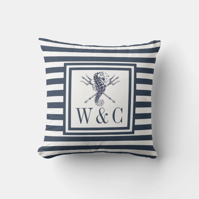 Seahorse Monogram Navy Blue Striped Nautical Cushion (Front)