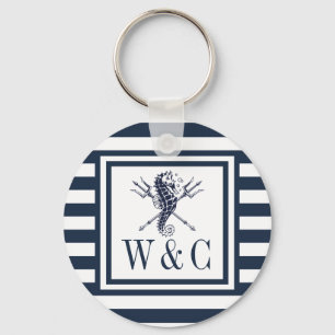 Seahorse Monogram Navy Blue Striped Nautical  Key Ring