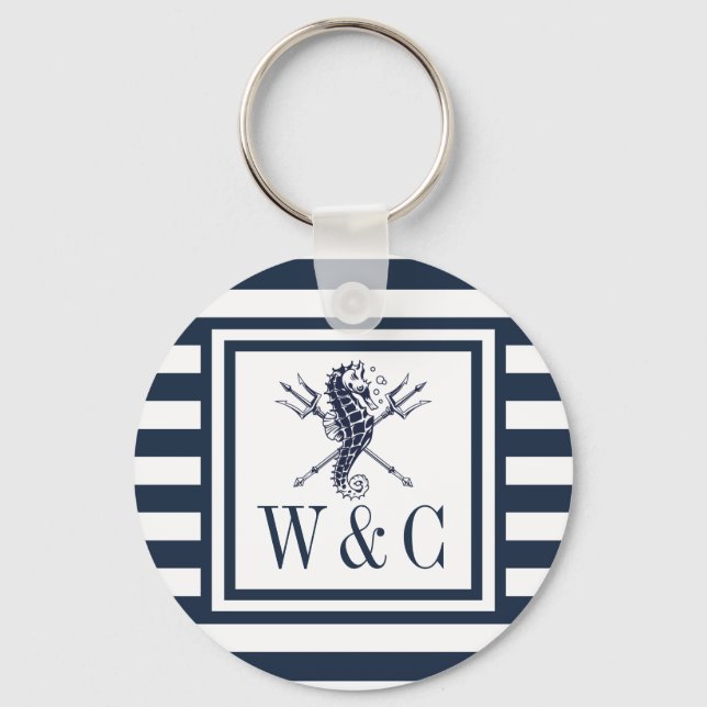Seahorse Monogram Navy Blue Striped Nautical  Key Ring (Front)