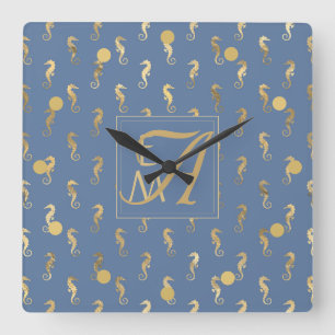 Seahorse Monogram Sea Blue Gold Home Decor Square Wall Clock