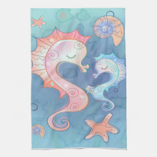 Seahorse Mum And Baby Gift For Kids Tea Towel