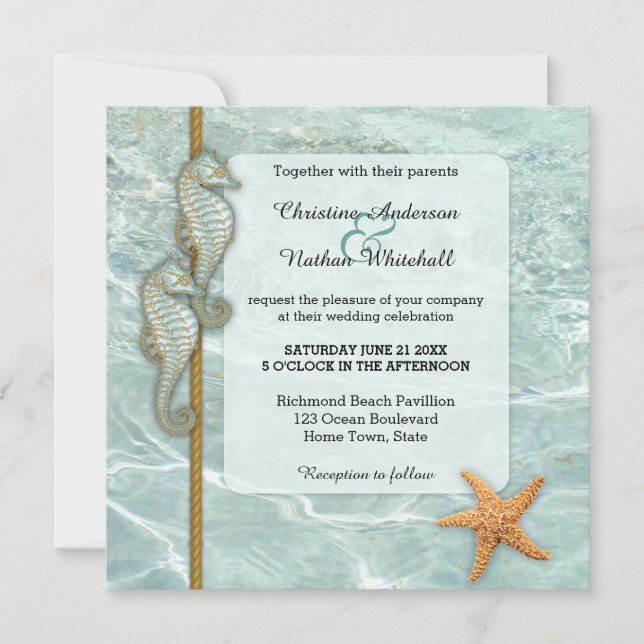 Seahorse Nautical Aqua Wedding Invitation (Front)