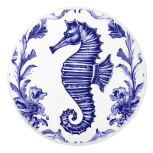 Seahorse Navy Blue and White Sea Ocean Beach House Ceramic Knob