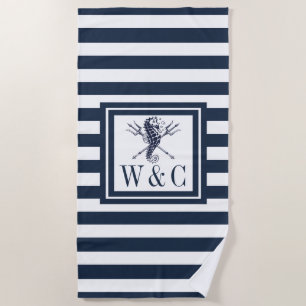 Seahorse Navy Blue Stripe Nautical Monogram Beach  Beach Towel