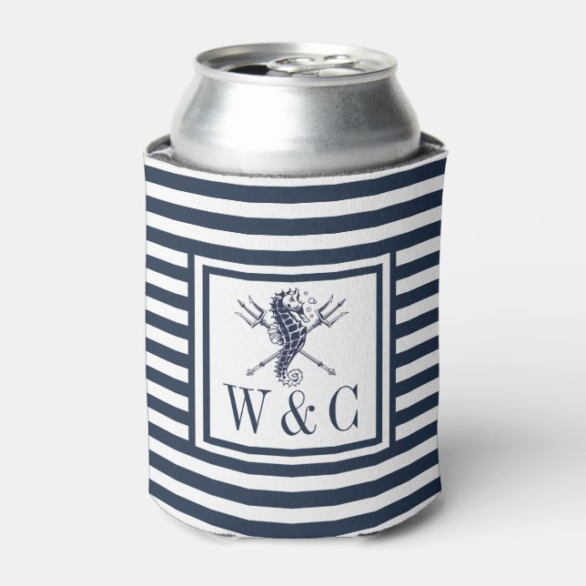 Seahorse Navy Blue Stripe Nautical Monogram Can Co Cooler (Can Front)
