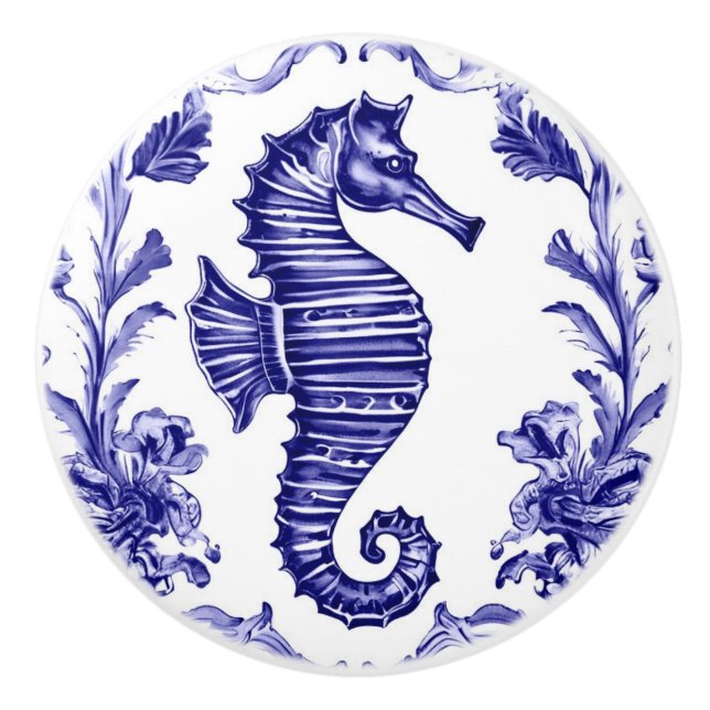 Seahorse Navy Blue White Sea Ocean Right Facing Ceramic Knob (Front)